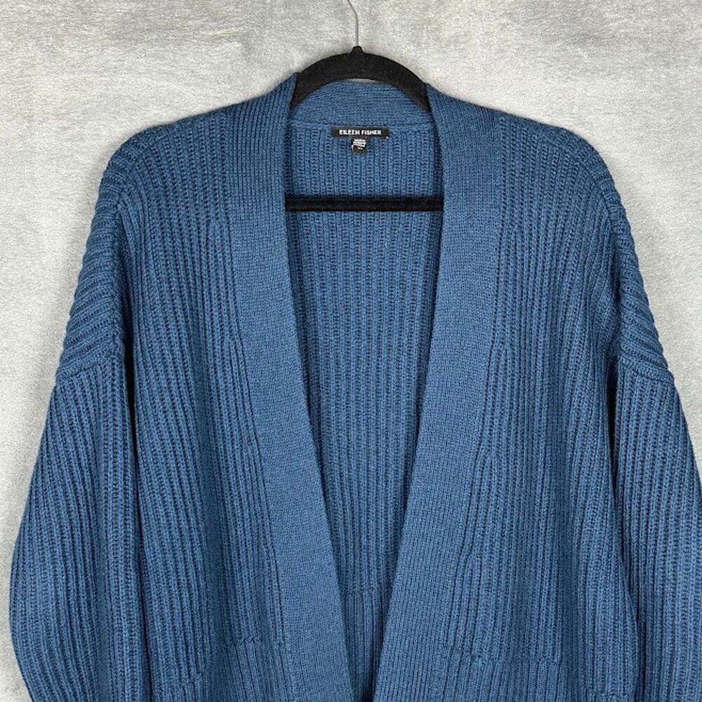 Eileen Fisher Sweater Womens Small Teal Open Cardigan Ribbed Cashmere Organic - Picture 2 of 13